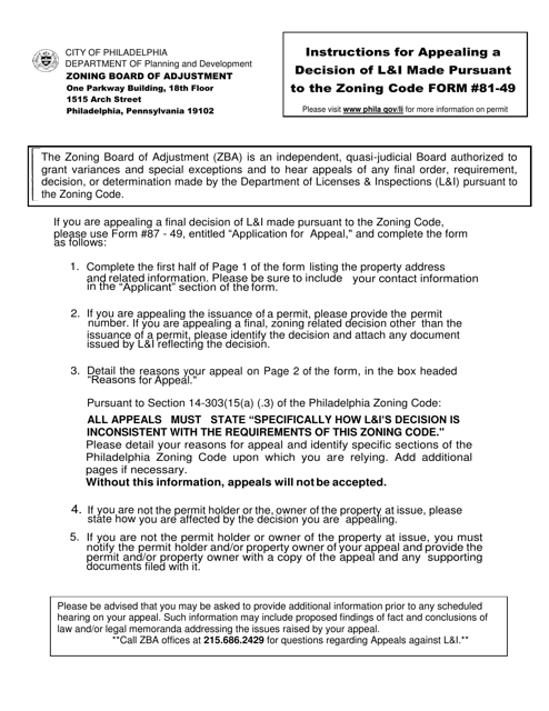 Instructions for Form 81-49 Application for Appeal - City of Philadelphia, Pennsylvania