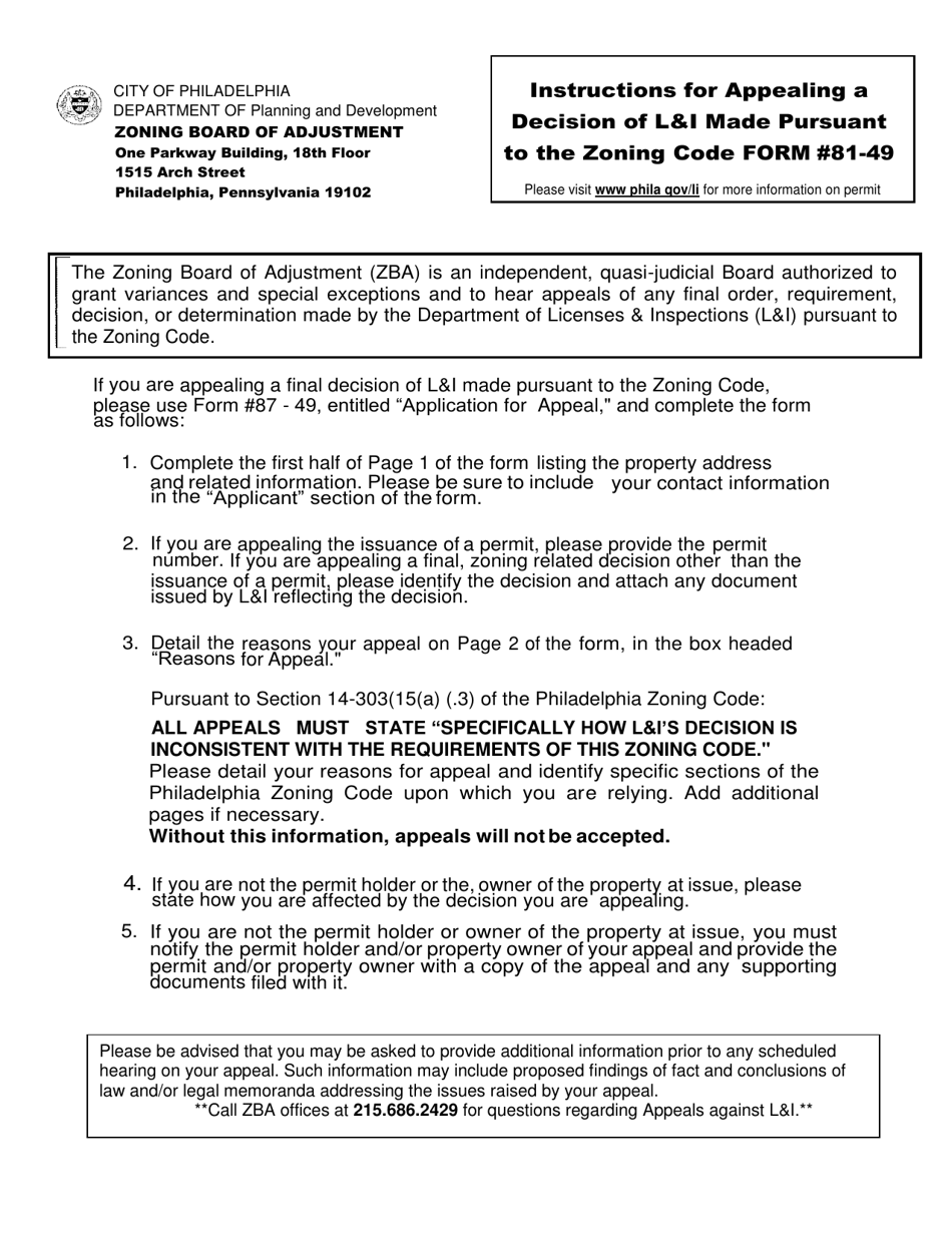 Instructions for Form 81-49 Application for Appeal - City of Philadelphia, Pennsylvania, Page 1