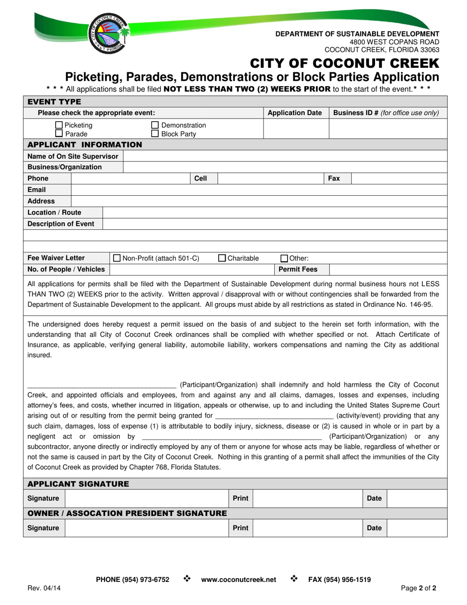 Picketing, Parades, Demonstrations or Block Parties Application - City of Coconut Creek, Florida, Page 2