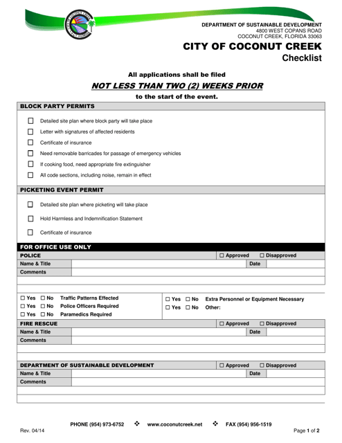 Picketing, Parades, Demonstrations or Block Parties Application - City of Coconut Creek, Florida Download Pdf