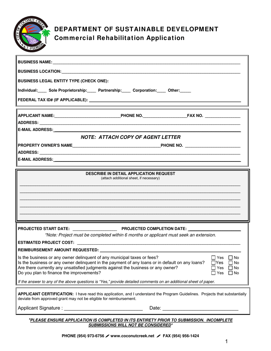 Commercial Rehabilitation Application - City of Coconut Creek, Florida, Page 1