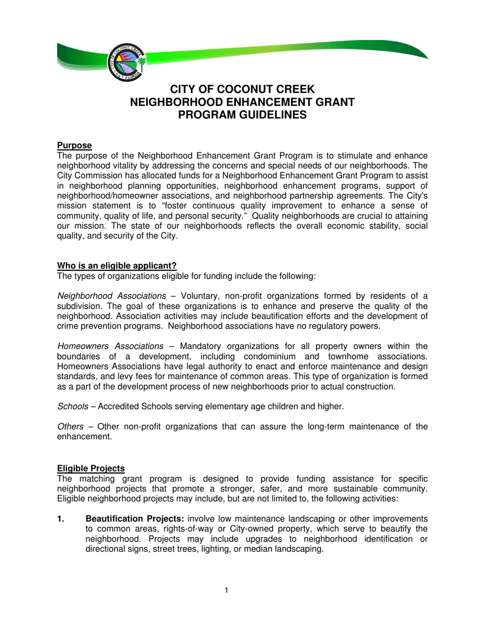 City of Coconut Creek, Florida Neighborhood Enhancement Grant Program