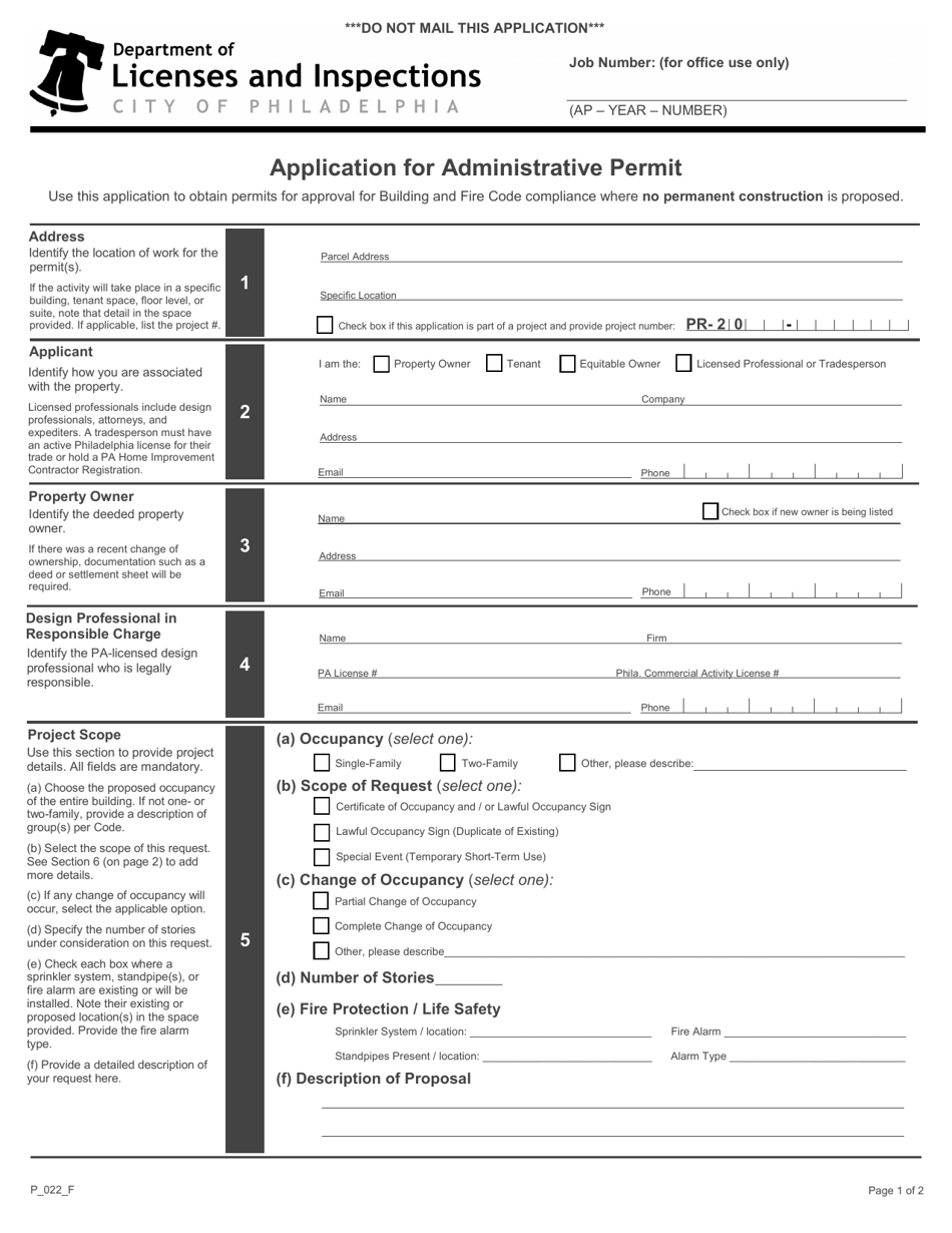 Form P_022_F Application for Administrative Permit - City of Philadelphia, Pennsylvania, Page 1