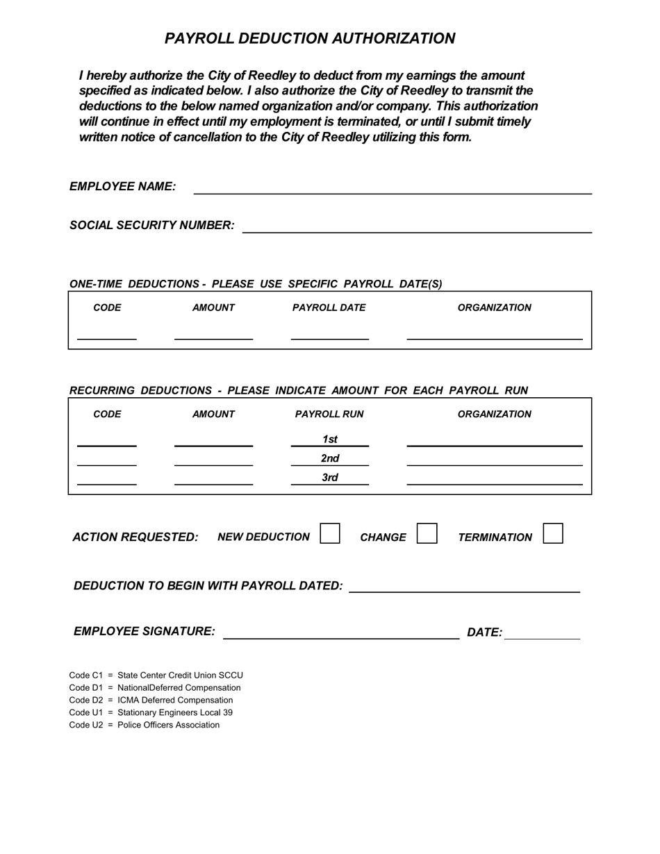 Payroll Deduction Authorization - City of Reedley, California, Page 1