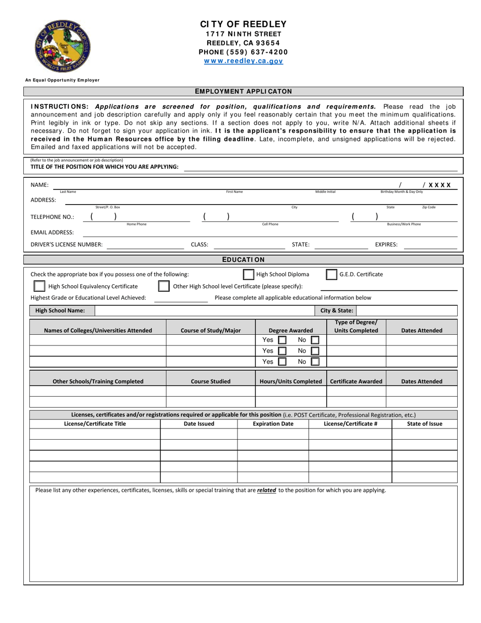 Employment Applicaton - City of Reedley, California, Page 1