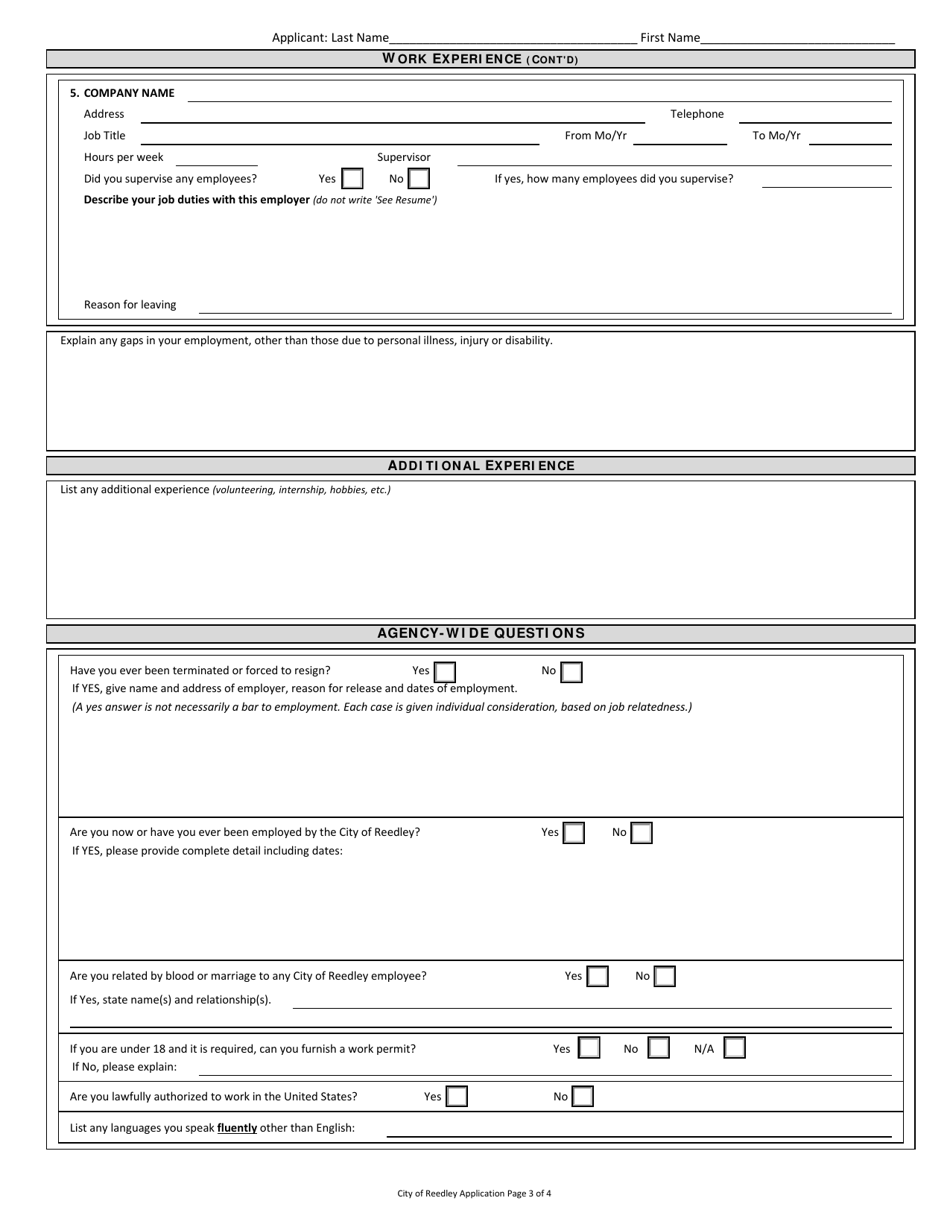 Employment Applicaton - City of Reedley, California, Page 3