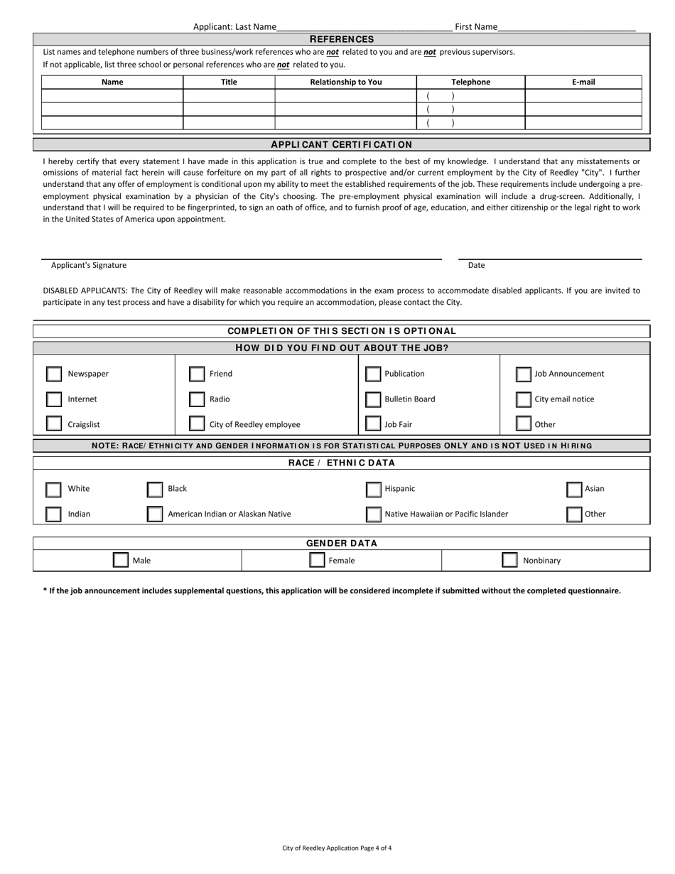 Employment Applicaton - City of Reedley, California, Page 4