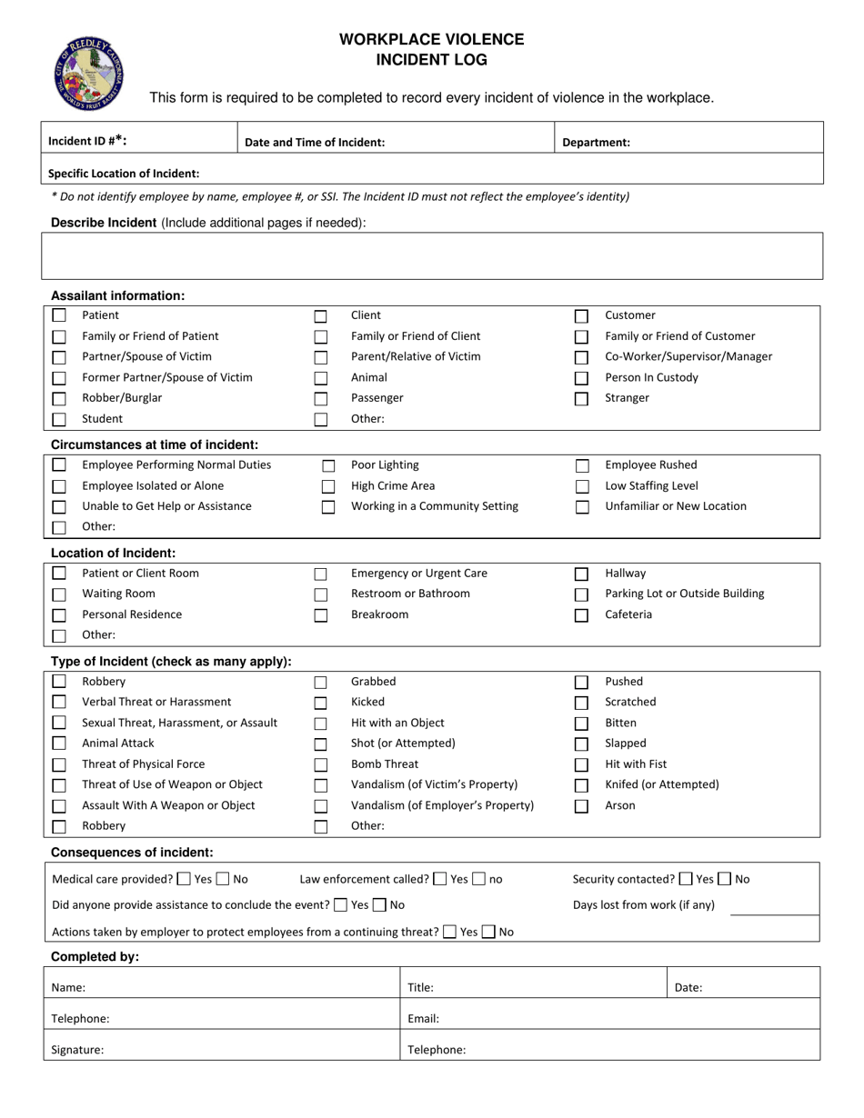 Workplace Violence Incident Log - City of Reedley, California, Page 1