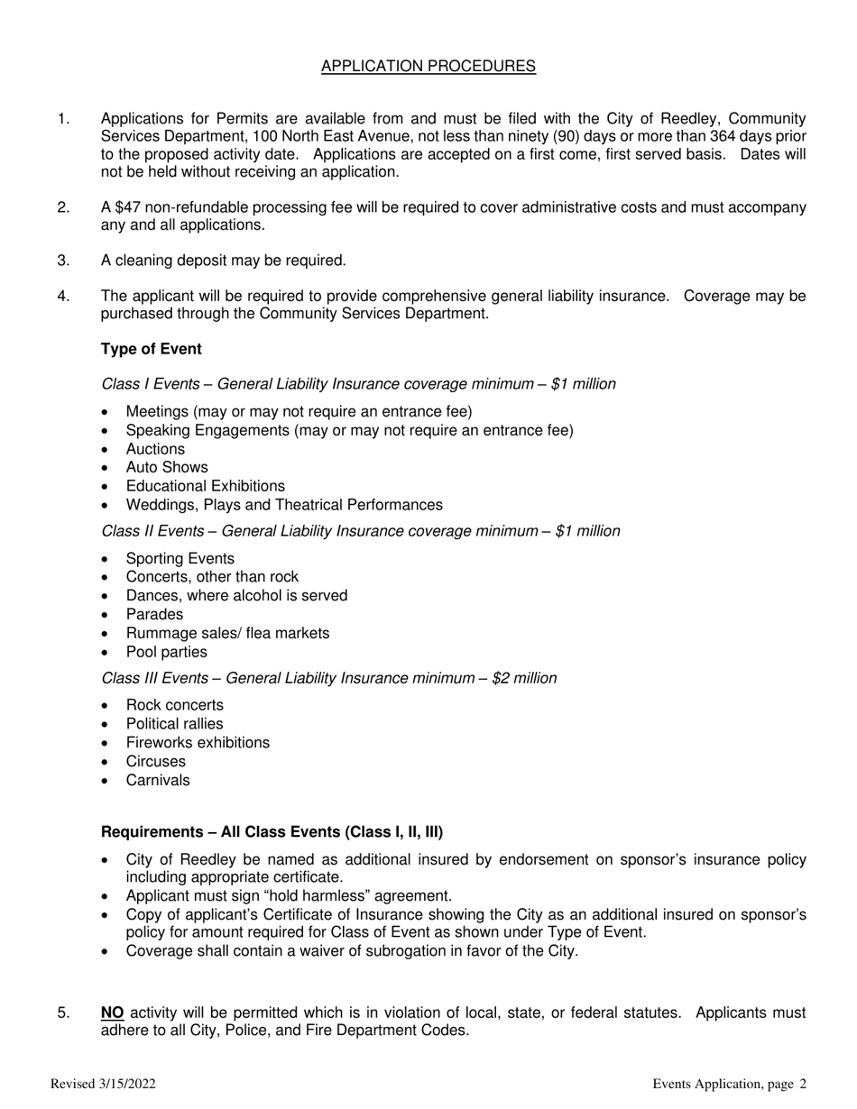Special Events Permit Application - City of Reedley, California, Page 2