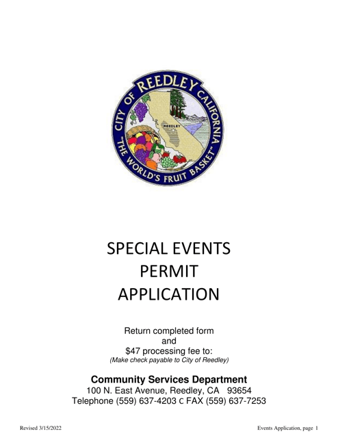 Special Events Permit Application - City of Reedley, California Download Pdf