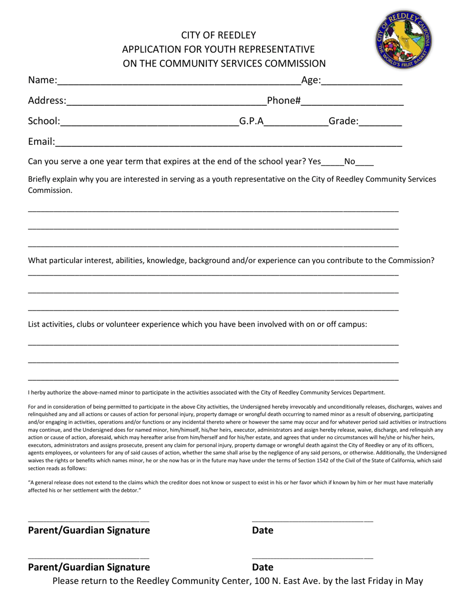 Application for Youth Representative on the Community Services Commission - City of Reedley, California, Page 1