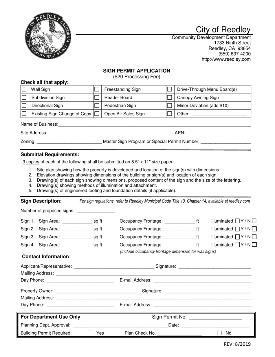 City of Reedley, California Sign Permit Application Fill Out, Sign