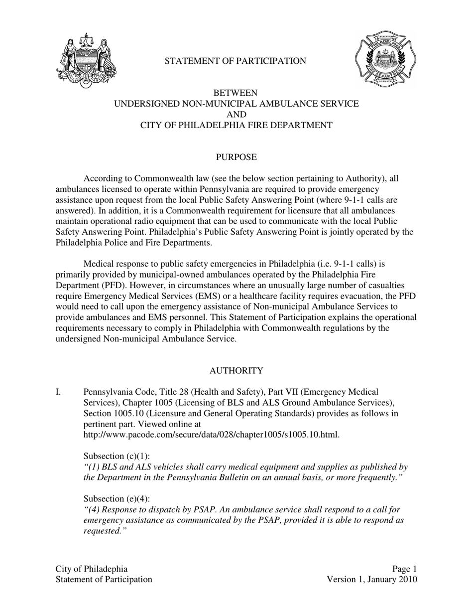 Statement of Participation Between Undersigned Non-municipal Ambulance Service and City of Philadelphia Fire Department - City of Philadephia, Pennsylvania, Page 1