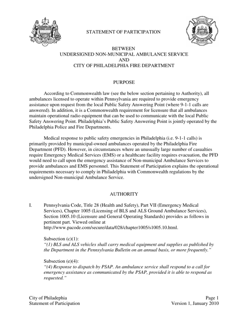 Statement of Participation Between Undersigned Non-municipal Ambulance Service and City of Philadelphia Fire Department - City of Philadephia, Pennsylvania Download Pdf
