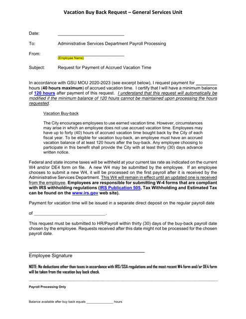 Vacation Buy Back Request - General Services Unit - City of Reedley, California Download Pdf