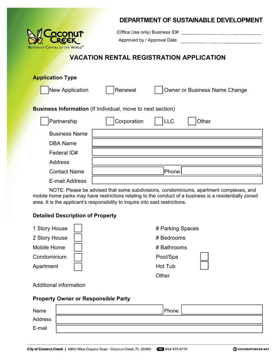 Vacation Rental Registration Application - City of Coconut Creek, Florida, Page 1