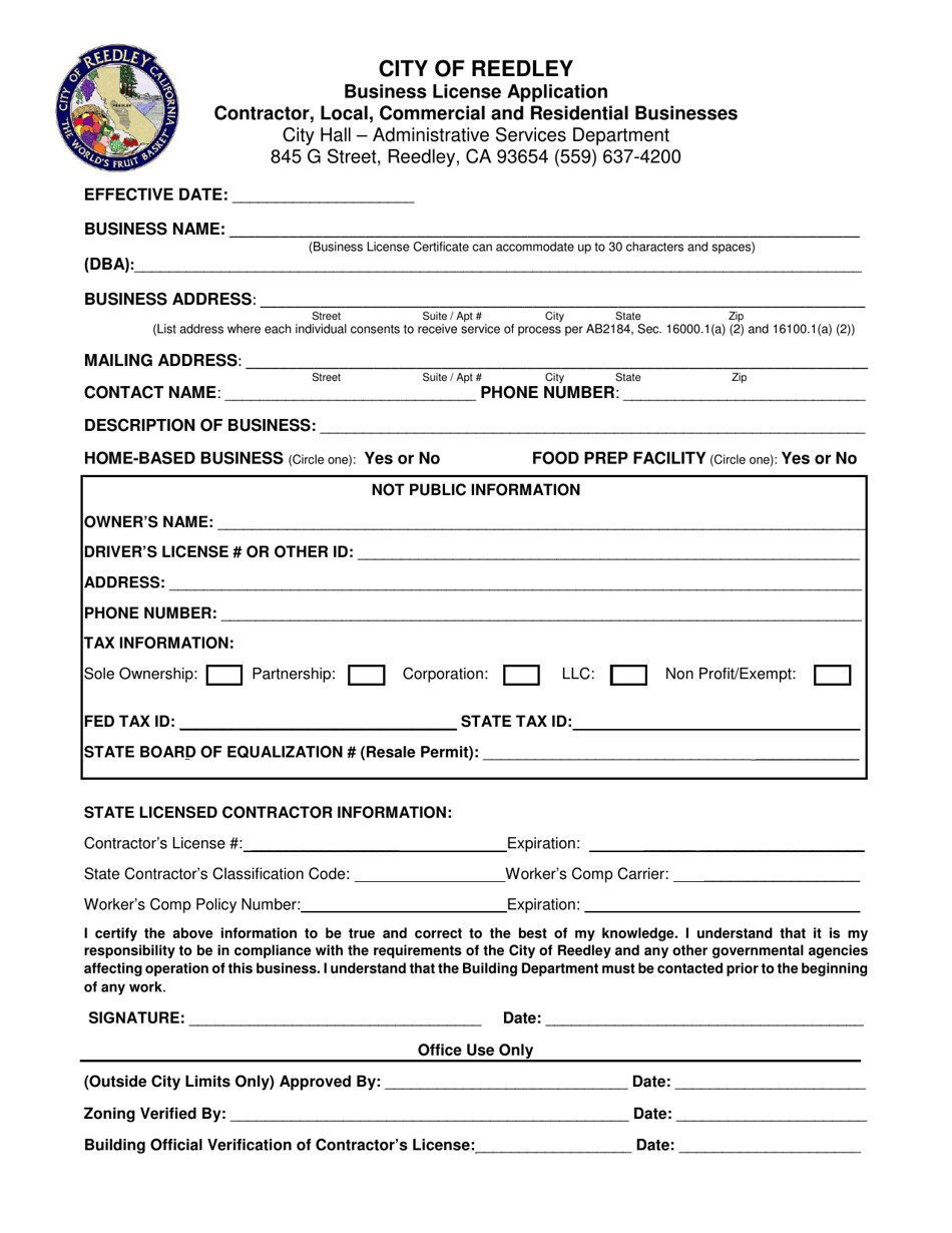Business License Application - City of Reedley, California, Page 1