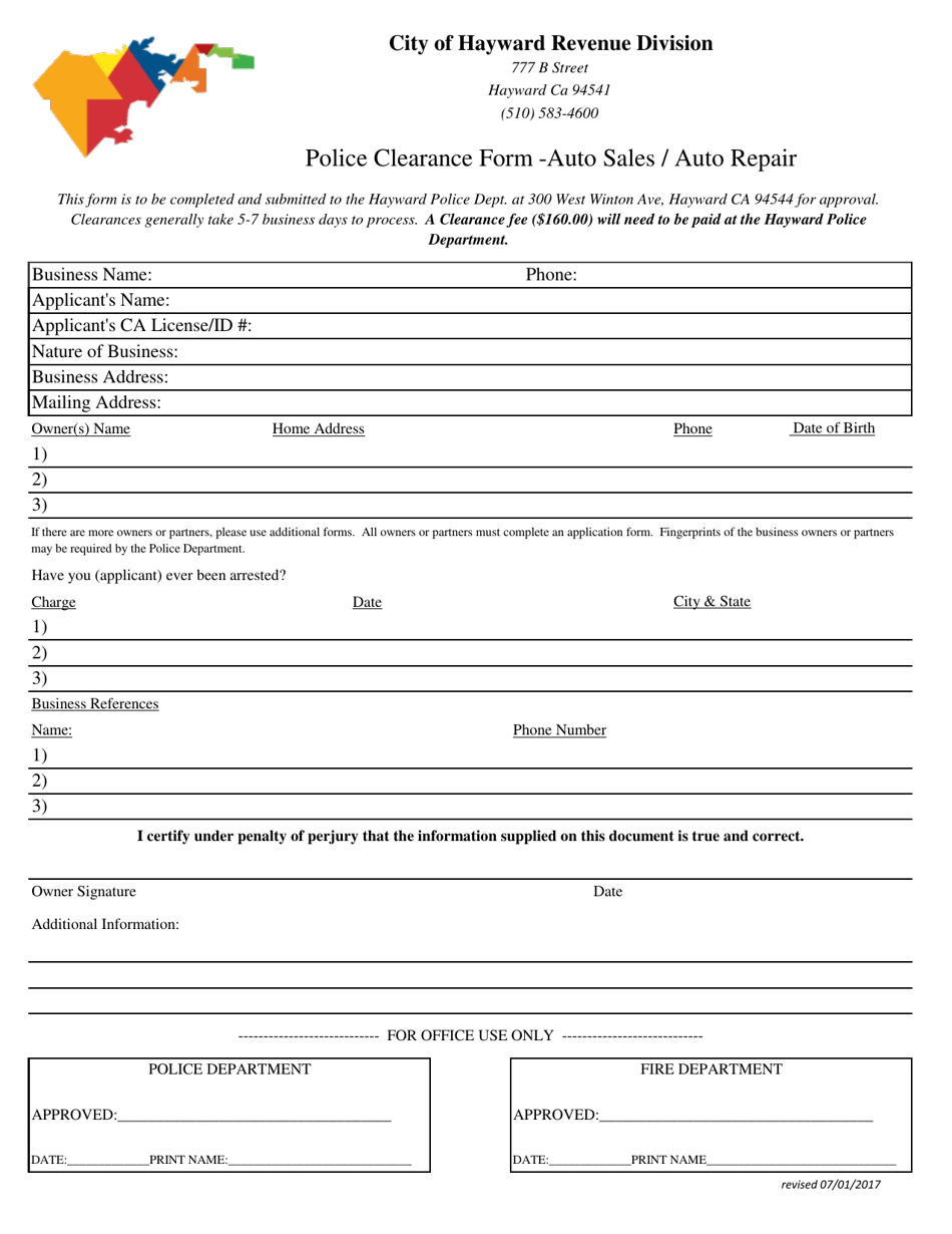 Police Clearance Form - Auto Sales / Auto Repair - City of Hayward, California, Page 1