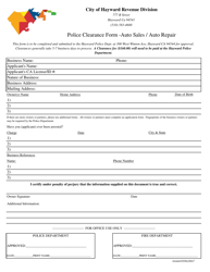 Document preview: Police Clearance Form - Auto Sales/Auto Repair - City of Hayward, California