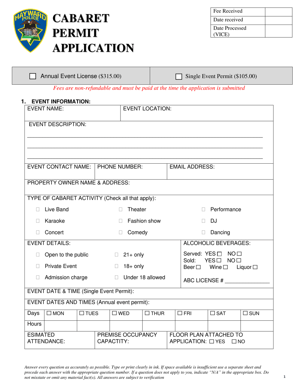 Cabaret Permit Application - City of Hayward, California, Page 1