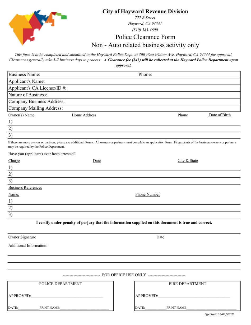 Police Clearance Form - Non-auto Related Business Activity Only - City of Hayward, California, Page 1