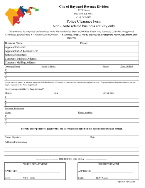 Police Clearance Form - Non-auto Related Business Activity Only - City of Hayward, California Download Pdf