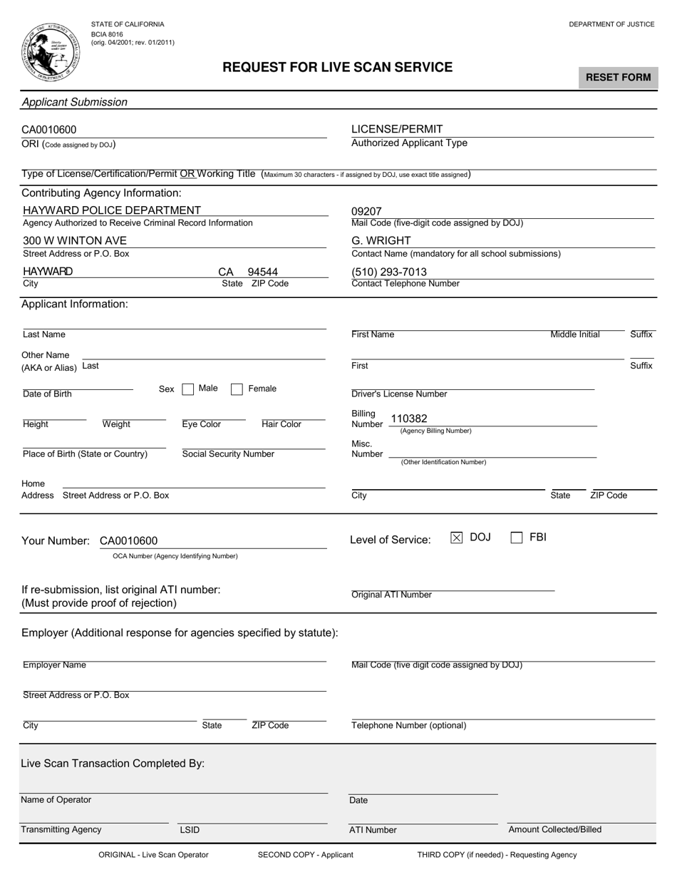 Request for Live Scan Service - City of Hayward, California, Page 1