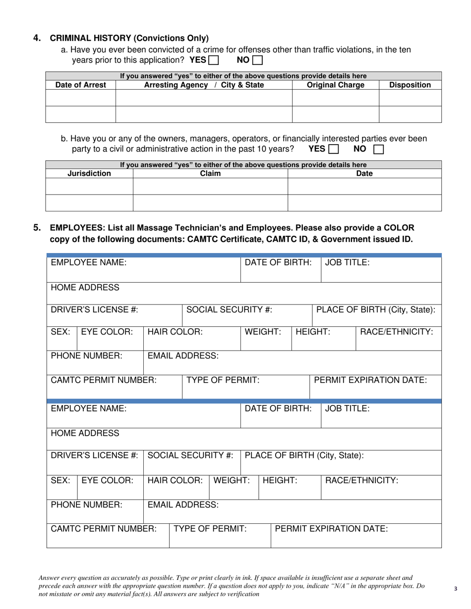 Massage Establishment Permit Application - City of Hayward, California, Page 3