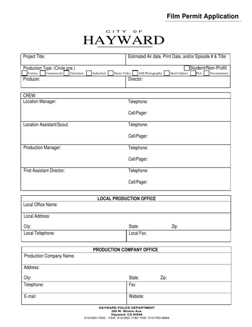 Film Permit Application - City of Hayward, California Download Pdf