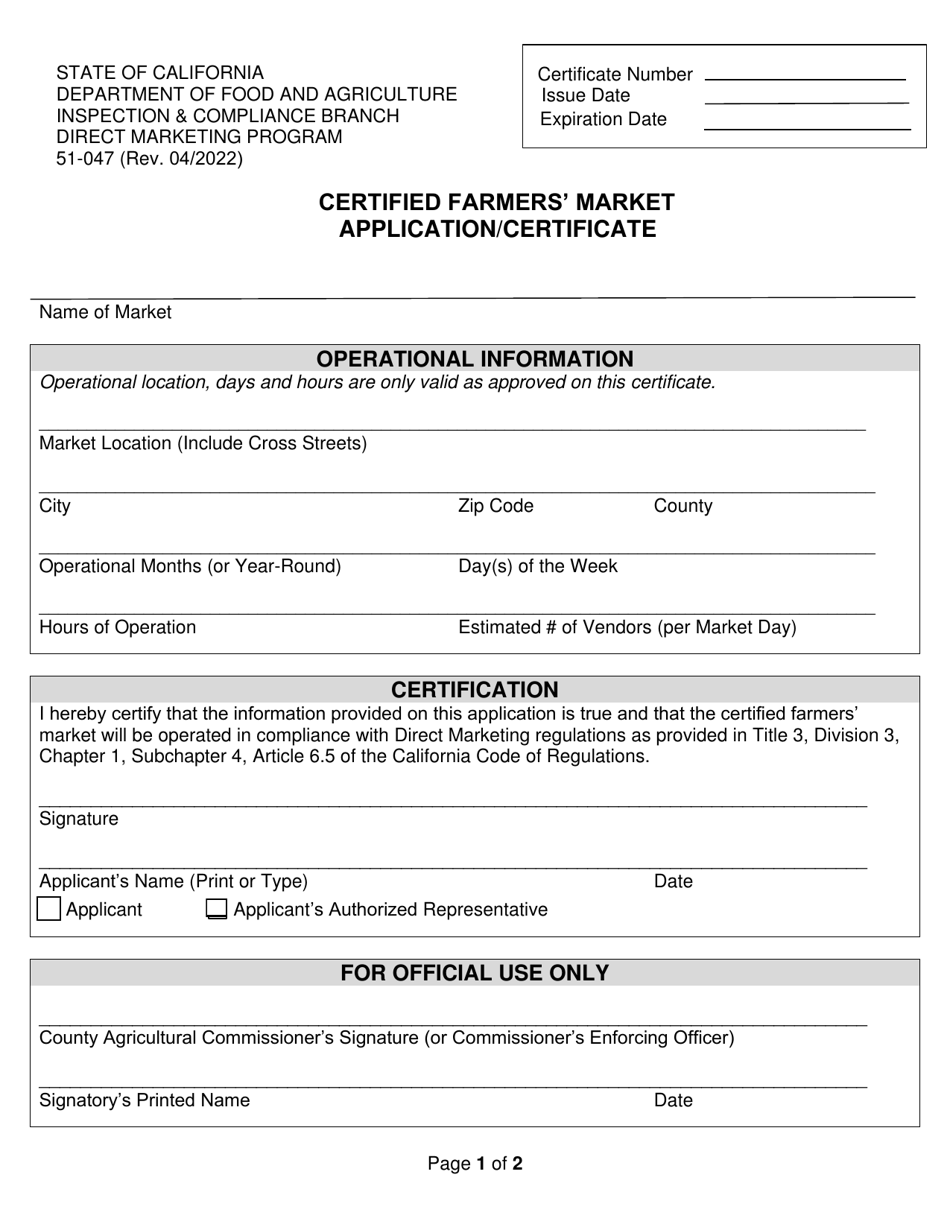 Form 51-047 Certified Farmers Market Application / Certificate - California, Page 1