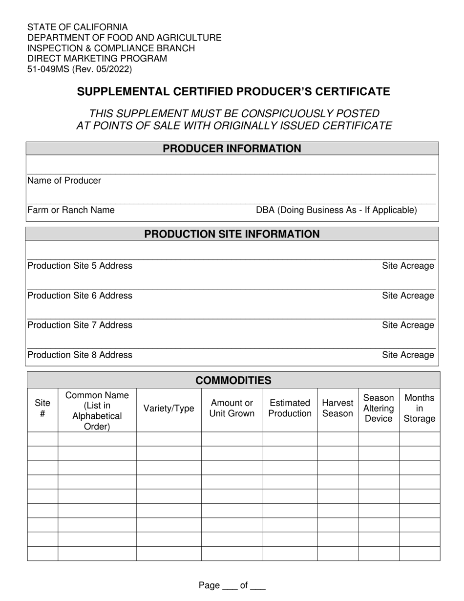 Form 51-049MS Supplemental Certified Producers Certificate - California, Page 1