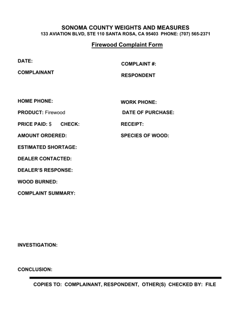 Firewood Complaint Form - County of Sonoma, California