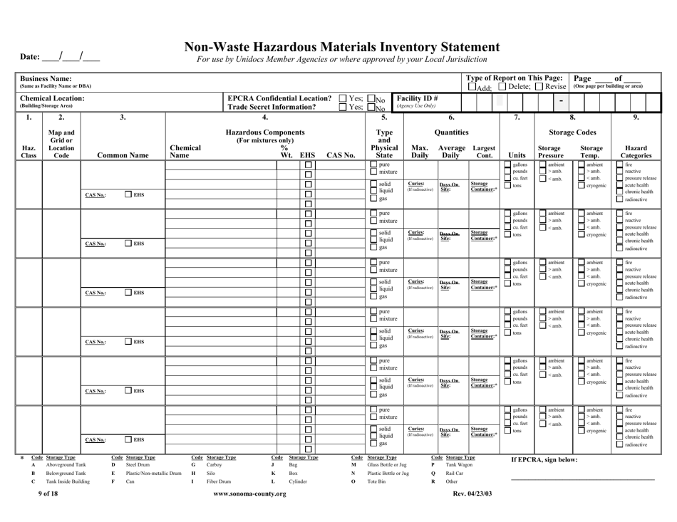 Form UC-020UPCF Non-waste Hazardous Materials Inventory Statement - Sonoma County, California, Page 1