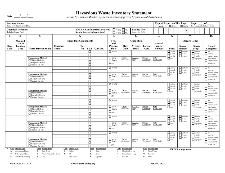 Form UN-020UPCF Hazardous Waste Inventory Statement - Sonoma County, California, Page 1