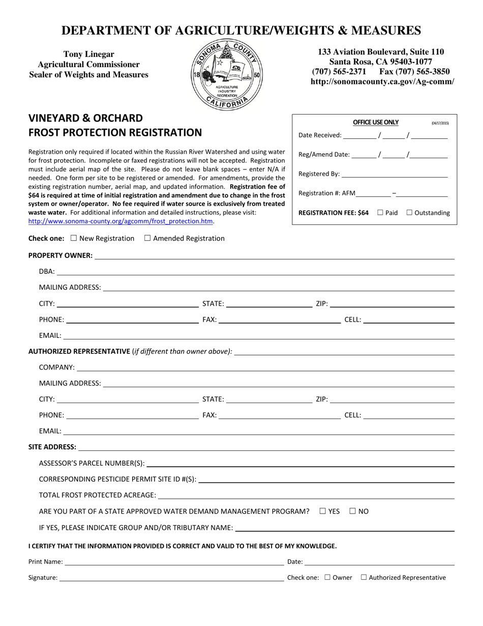 Vineyard  Orchard Frost Protection Registration - County of Sonoma, California, Page 1