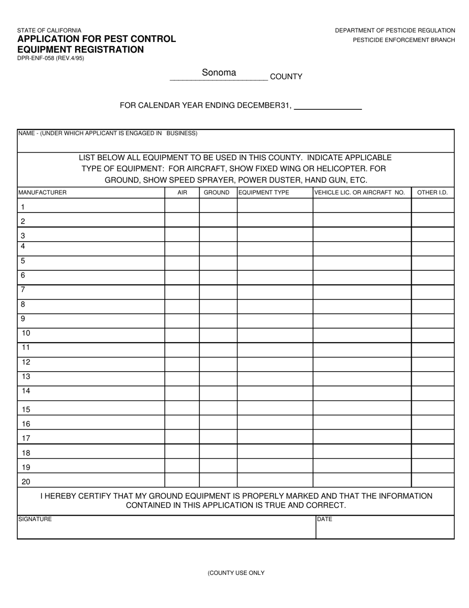 Form DPR-ENF-058 Application for Pest Control Equipment Registration - County of Sonoma, California, Page 1
