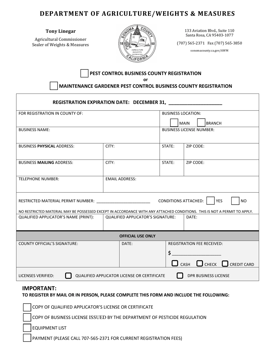 County of Sonoma, California Pest Control Business County Registration