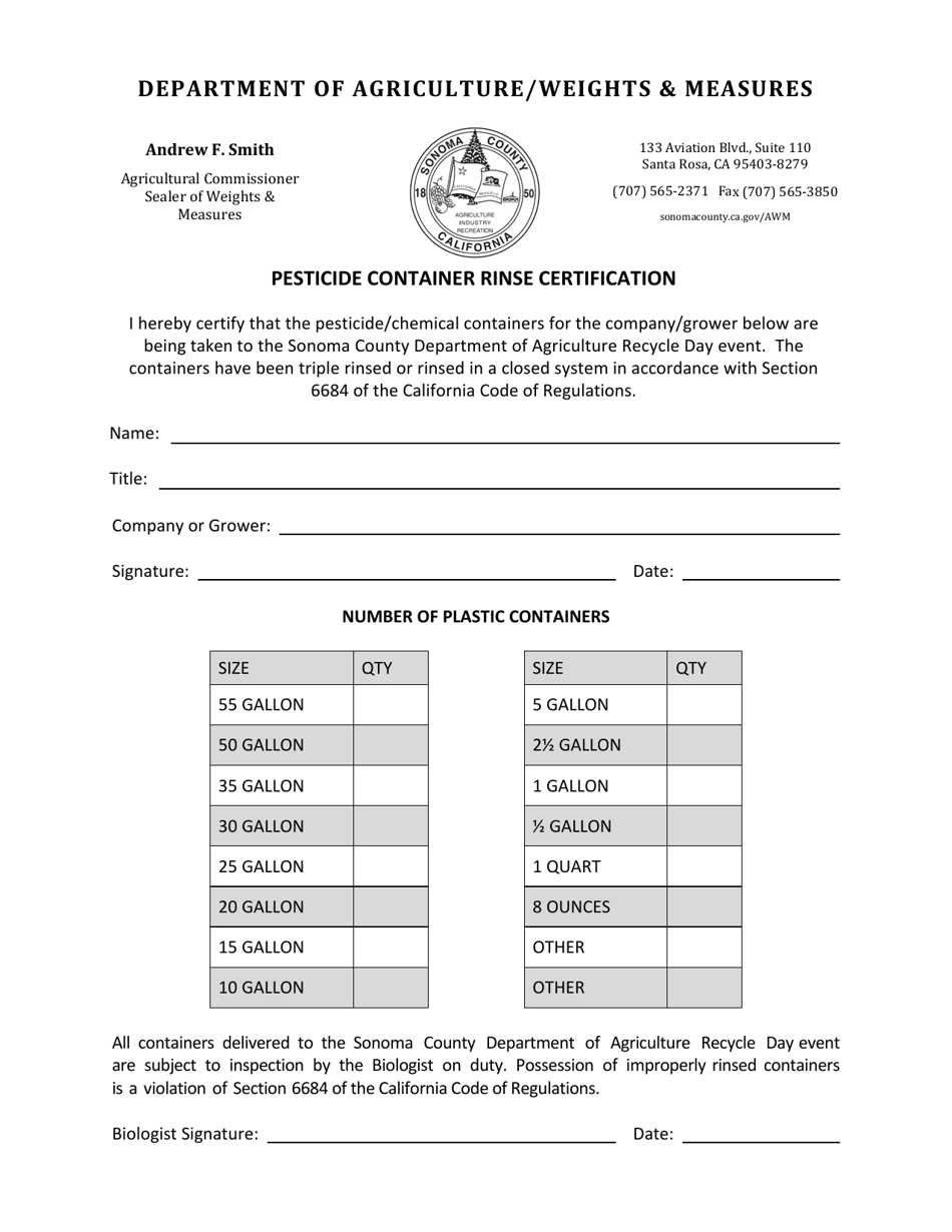 Pesticide Container Rinse Certification - County of Sonoma, California, Page 1