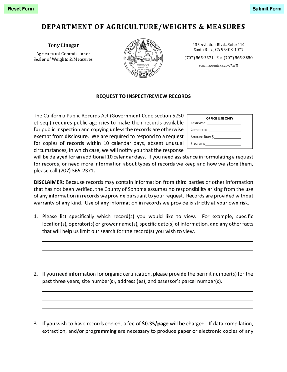 Request to Inspect / Review Records - County of Sonoma, California, Page 1