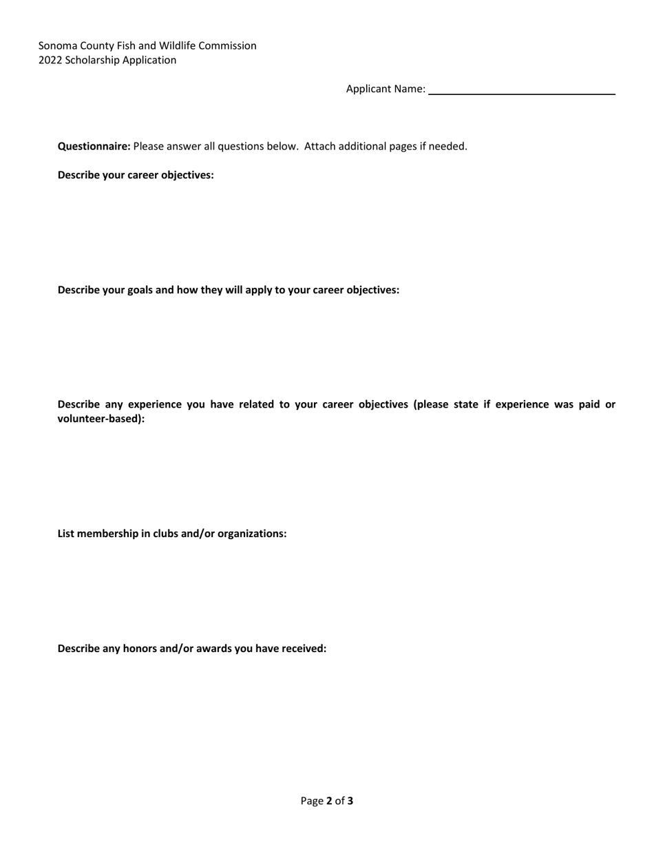 Fish and Wildlife Commission Scholarship Application - County of Sonoma, California, Page 3