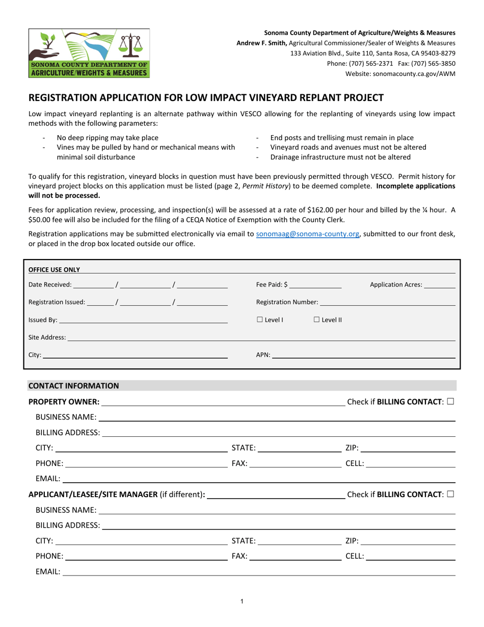 Registration Application for Low Impact Vineyard Replant Project - County of Sonoma, California, Page 1