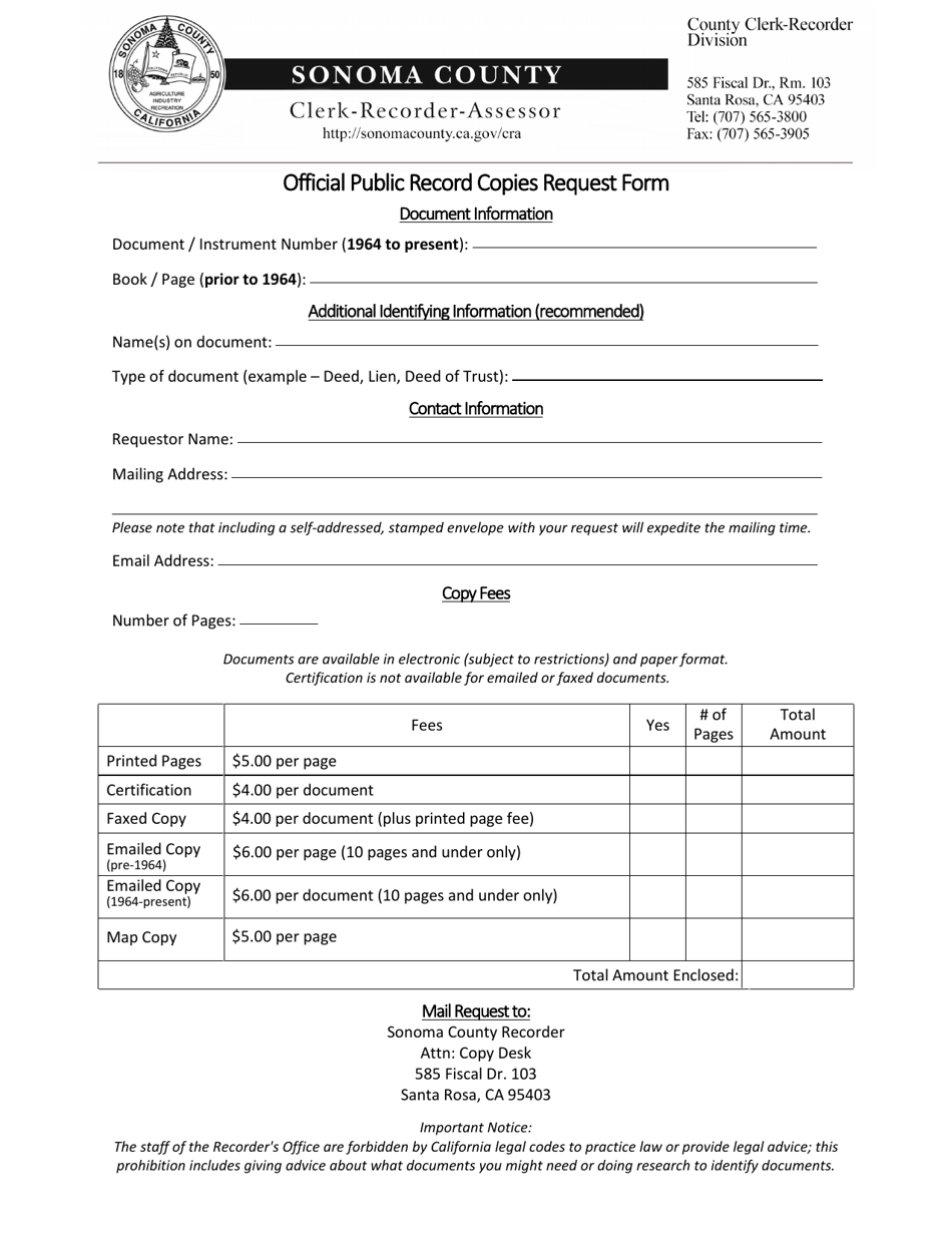 County of Sonoma, California Official Public Record Copies Request Form