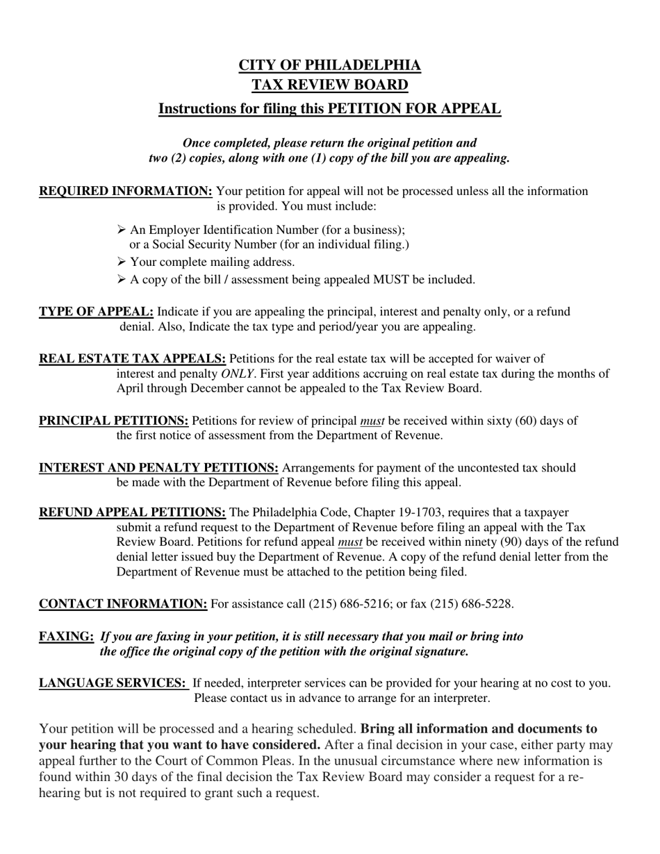 Download Instructions for Tax Review Board Petition for Appeal PDF