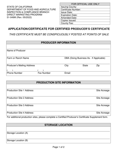 Application/Certificate for Certified Producer's Certificate - California