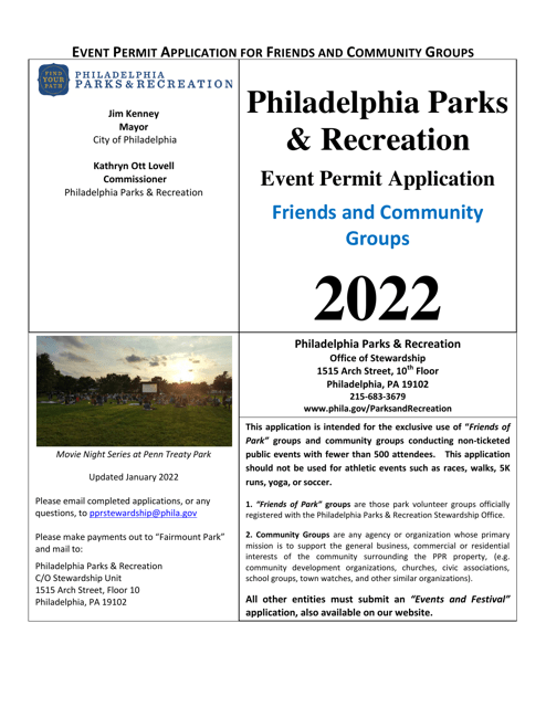 Friends and Community Groups Event Permit Application - City of Philadelphia, Pennsylvania, 2022