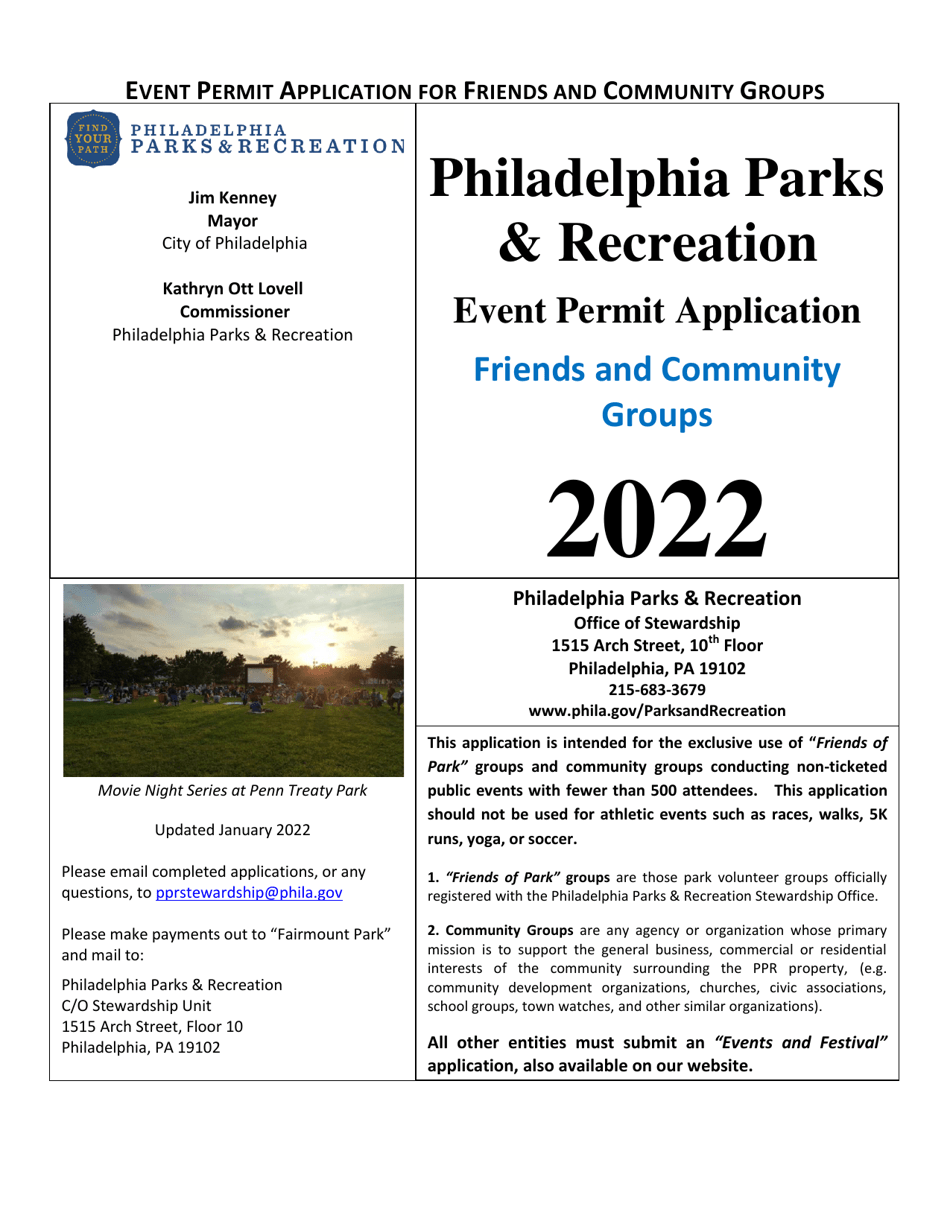 Friends and Community Groups Event Permit Application - City of Philadelphia, Pennsylvania, Page 1