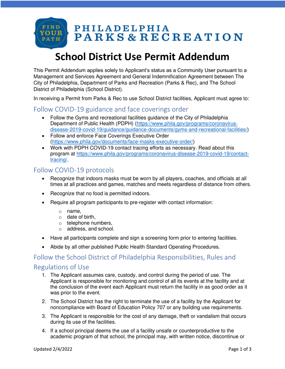 School District Use Permit Addendum - City of Philadelphia, Pennsylvania, Page 1