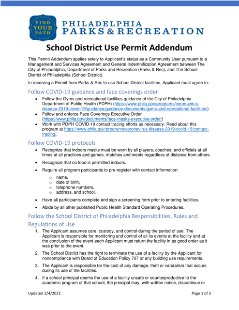 School District Use Permit Addendum - City of Philadelphia, Pennsylvania Download Pdf