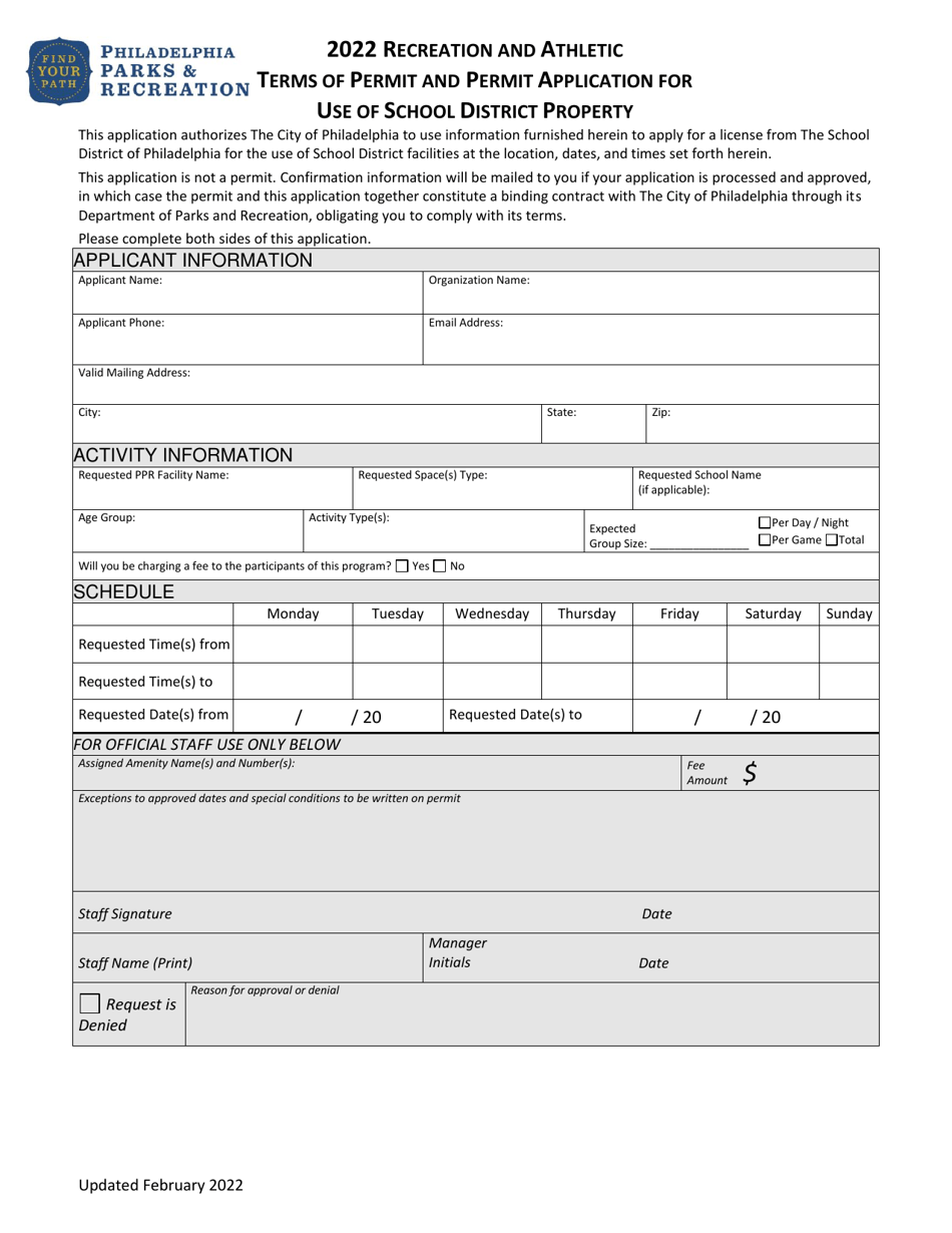 Recreation and Athletic Terms of Permit and Permit Application for Use of School District Property - City of Philadelphia, Pennsylvania, Page 1