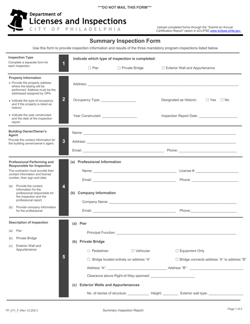 Form TP_011_F Summary Inspection Form - City of Philadelphia, Pennsylvania